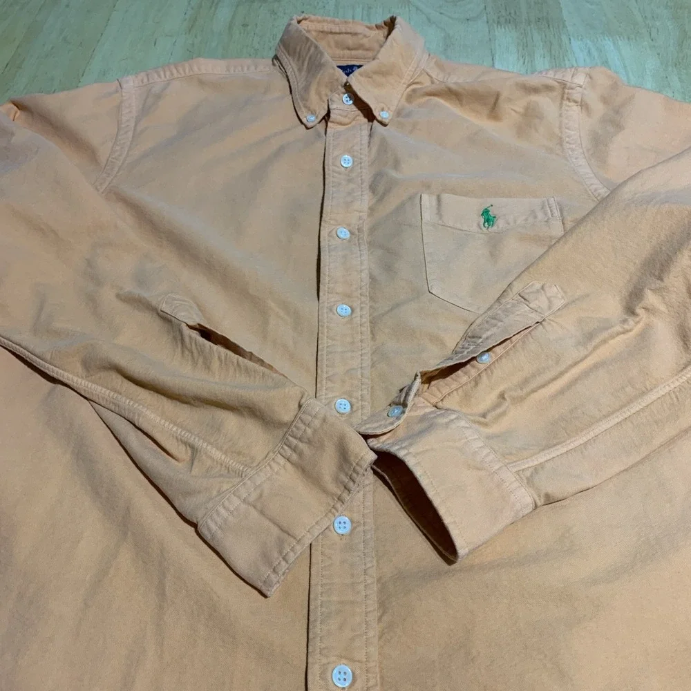 Ralph Lauren Shirt Mens‎ Large Orange Pony Green Cotton Button Down Long Sleeve